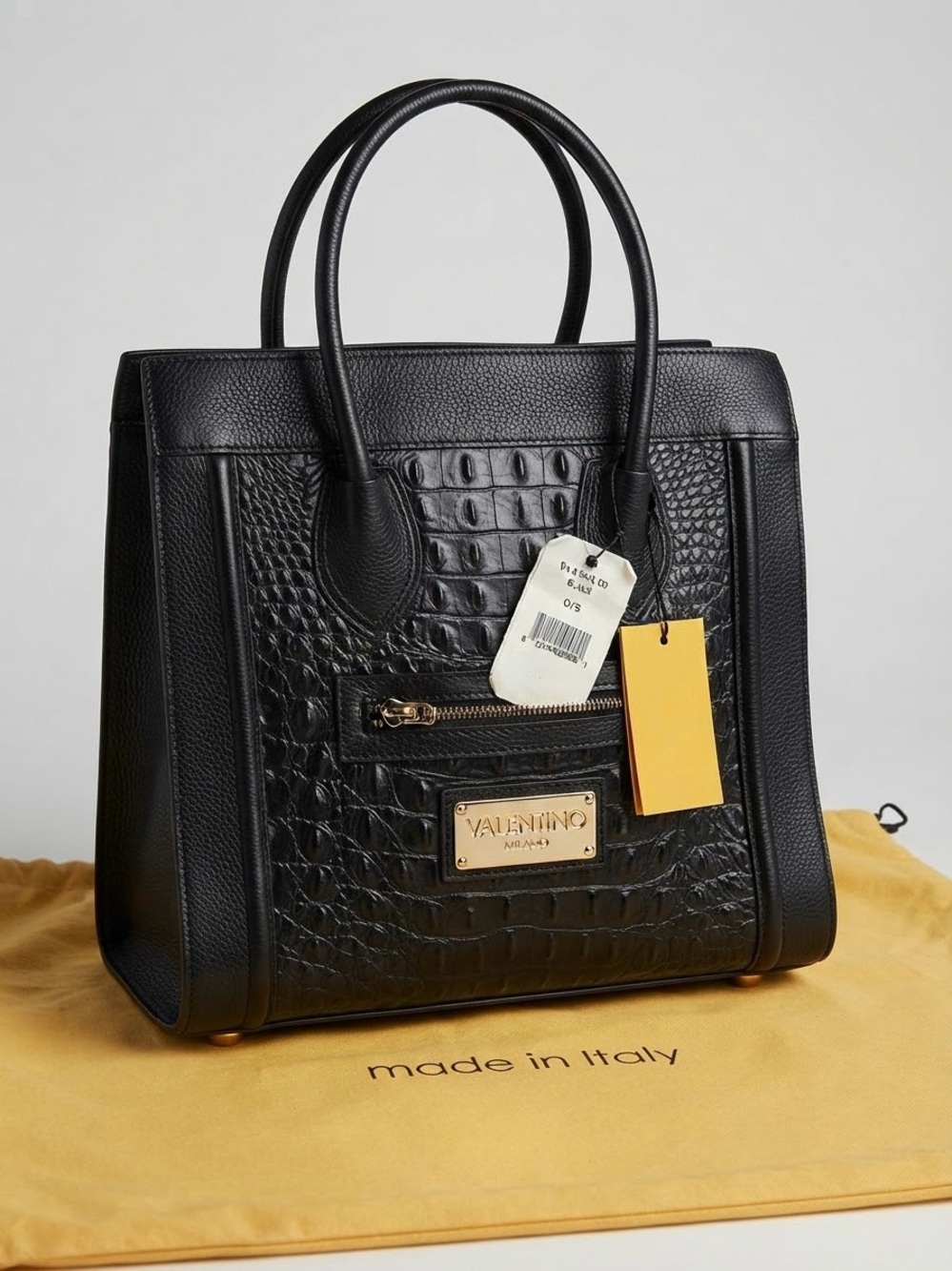 Mario Valentino Cynthia Black Croc-Embossed Leather Tote Bag NWT